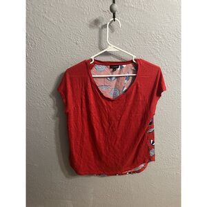 Talbots Womens Red Umbrella Print Short Sleeve‎ Linen Blend Shirt Size Small